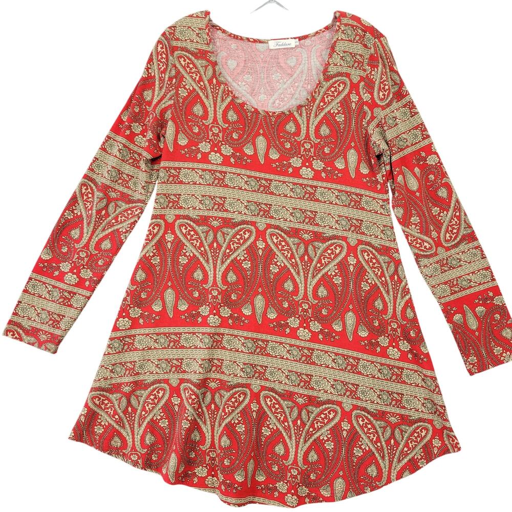 Faddare Red Tunic Mini Dress Stretch Paisley Long Sleeve Scoop Neck Women Size S